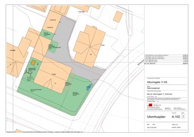 Situasjonsplan som viser tomtens oppdeling, bygningers plassering, utearealer og tilstøtende eiendommer.