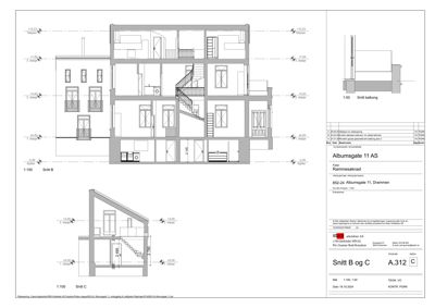 Snittegning (Snitt B og C) som viser tverrsnittet av en bygning med etasjer og takplan.
