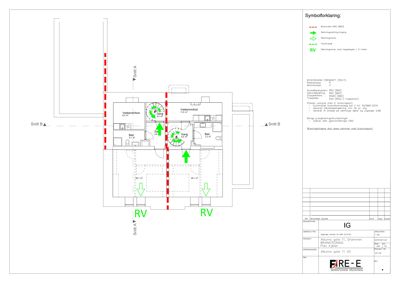 Brannplan (etasjeplan) som viser romfordeling, brannceller, rømningsveier og tekniske krav for kjelleretasje.