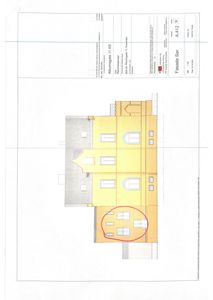 Fasadetegning av bygning sett fra sør, med farge og detaljer for vinduer og tak.