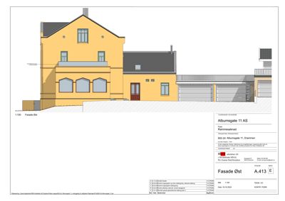 Fasade tegning av en bygning sett fra øst
