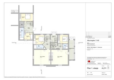 Etasjeplan (1. etasje) som viser romfordeling, arealer og plassering av veggene i en bygning.
