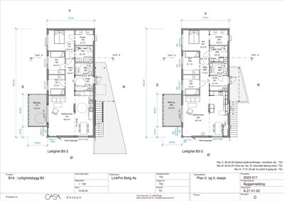Plantegning av to leiligheter (B3-2 og B3-3) i et fleretasjes bygg, med romfordeling, mål og arealoppdelinger.