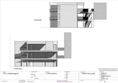 Tegning som viser fasadeoppsett for bygningens nord- og østside, inkludert vinduer, balkonger og materialvalg.