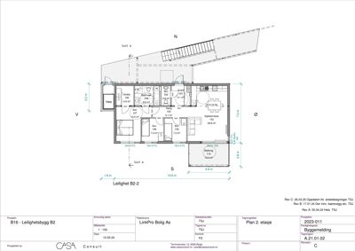 Etasjeplan (Plan 2. etasje) for leilighet B2-2 i et leilighetsbygg, som viser romfordeling, mål og funksjoner.