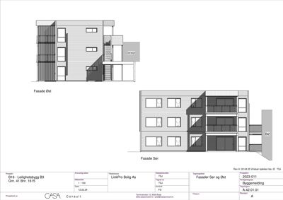 Tegning som viser fasader (Øst og Sør) på et leilighetsbygg med vindus- og balkongoppsett.