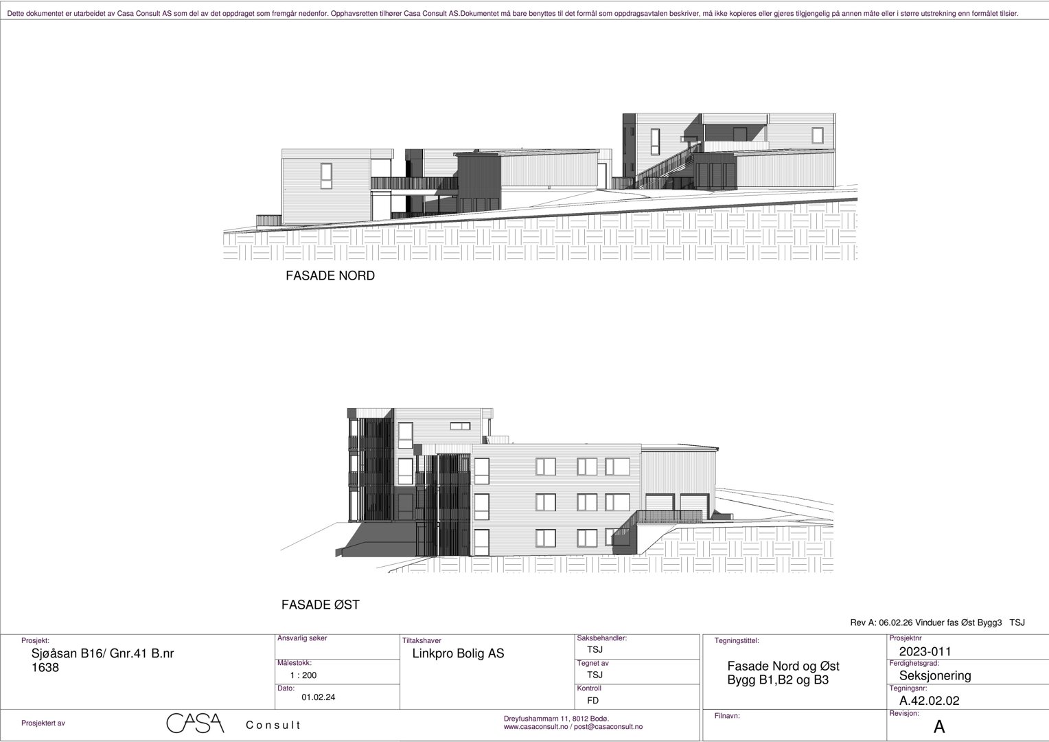 Fasadetegning som viser bygningens utseende sett fra nord og øst.