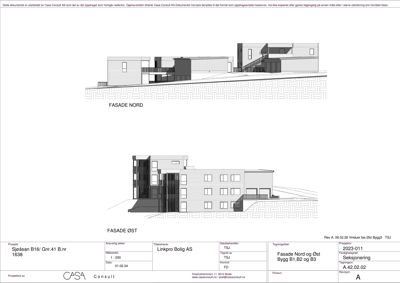 Fasadetegning som viser bygningens utseende sett fra nord og øst.