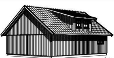 En svart-hvitt illustrasjon (rendering) som viser fasaden på en bygning med skrått tak og et vindusutbyggning.