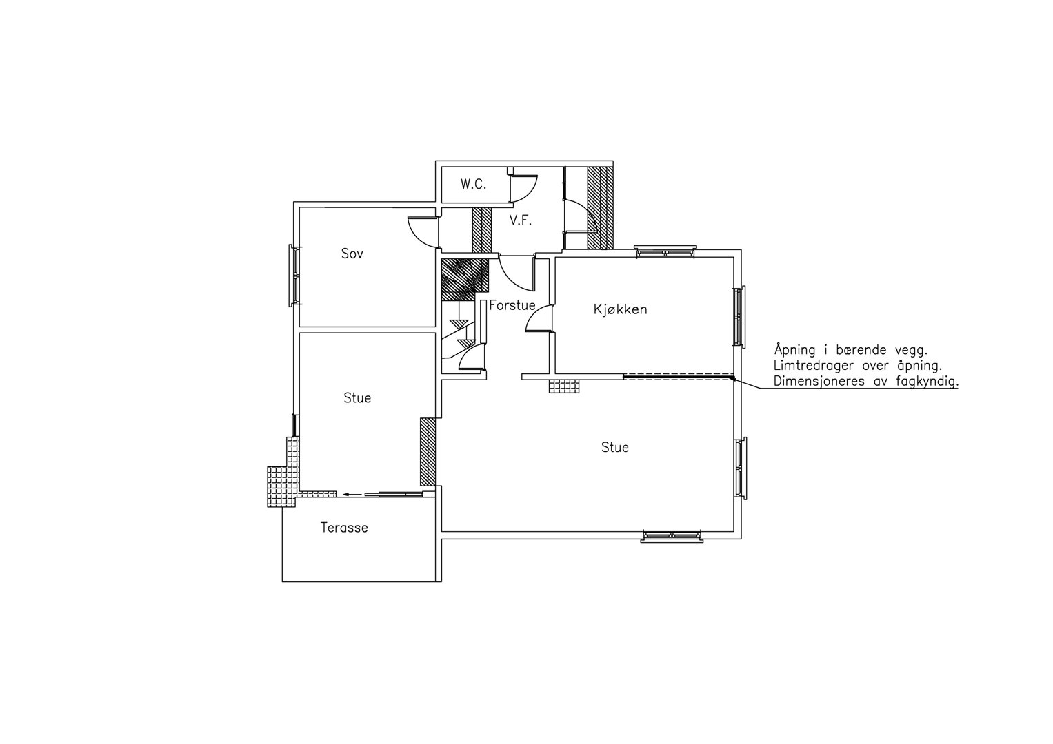 Etasjeplan som viser romfordeling (stue, soverom, kjøkken, W.C.) og utvendige områder (terrasse).