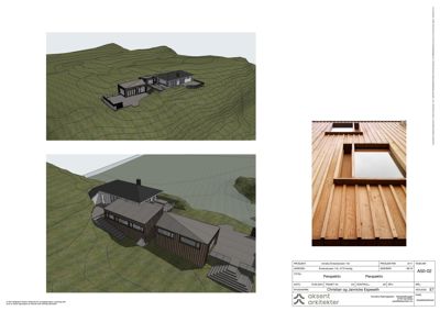 Bildet viser to 3D-visualiseringer (renderinger) av en bygning i et terreng, samt en detaljtegning av fasademateriale. Det er en illustrasjon og ikke en tegning av eksisterende forhold.