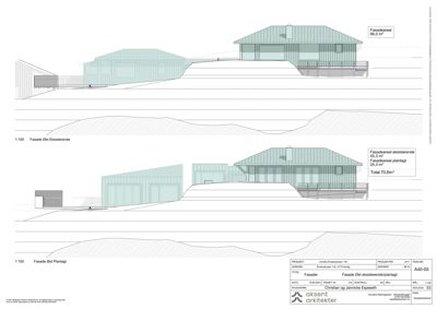 Fasadetegning som viser bygningens utseende fra utsiden, med oppriss av eksisterende og planlagt fasade.