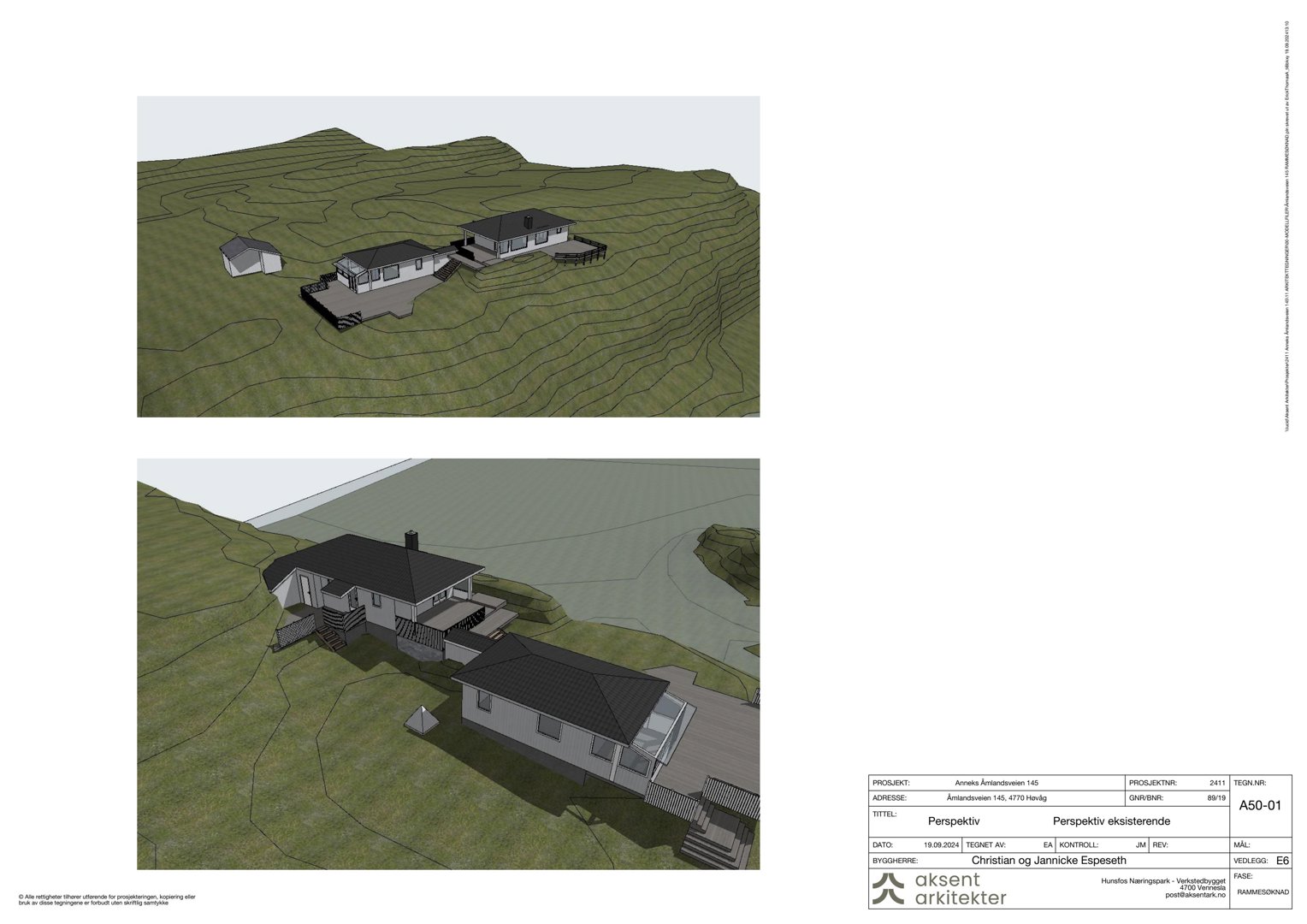 3D-visualisering (perspektiv) av eksisterende hus og tomt med terrenglinjer.
