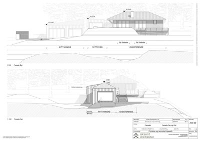 Fasadetegning som viser bygningens profil sett fra sør og øst, inkludert høydemål, terrengforhold og nye tilleggsbygninger.