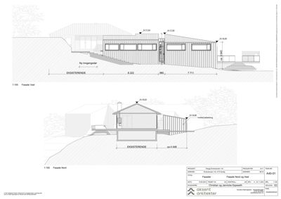 Fasadetegning som viser bygningens utseende fra vest og nord, inkludert høyder, mål og eksisterende forhold.