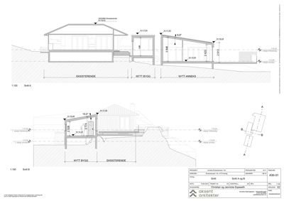 Snittegning (Snitt A og B) som viser tverrsnitt gjennom eksisterende og nytt bygg, med høydemål og konstruksjonsdetaljer.