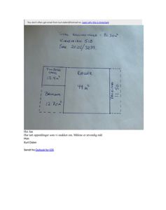 Håndskrevet etasjeplan for kjeller med oppgitte romarealer (tilbygg, gang, balkong) og totalareal.
