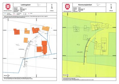 Bildet viser to kart fra Karmøy kommune: et ledningskart (venstre) og et kommuneplankart (høyre) for eiendommen på Nølevågen 39.