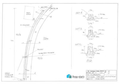 Tegning som viser et snitt gjennom en vei og en kulvert, med detaljer på veggmateriale og drenering.