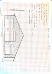 En håndtegnet fasadetekning av en bygning sett fra siden (vestre side), med mål og notasjoner.