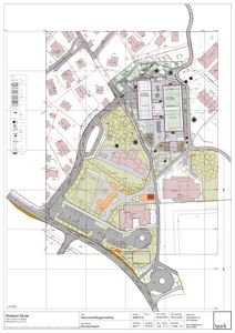 Situasjonsplan som viser bygningenes plassering i forhold til tomtegrenser, veier og omgivende bebyggelse.