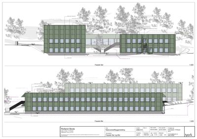 Fasadetegning som viser bygningens utseende sett fra sør og øst, inkludert vinduer, fasadematerialer og terrengforhold.