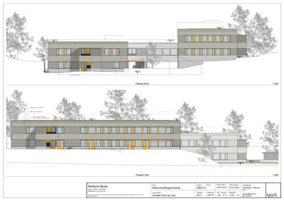 Fasadetegning som viser bygningens utseende sett fra nord og vest, inkludert detaljer om materialer, vinduer og terrengforhold.