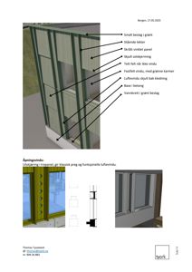 En teknisk detaljtegning som viser fasadekonstruksjon med panel, vinduer og beslag, inkludert merknader om materialer og oppbygging.