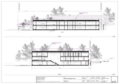 Snittegning (Snitt A og Snitt B) som viser bygningens tverrsnitt, høyder, innvendige rom og konstruksjon.