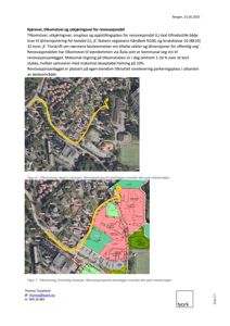 Bildet viser to kart (situasjonsplaner) som illustrerer en planlagt rute for en renovasjonsbil på en tomt. Kartene viser eksisterende og fremtidig situasjon med overlagte ruter og arealer.