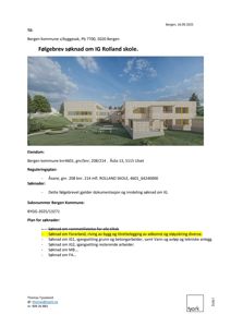 3D-visualisering av ROLLAND SKOLE sett fra en vinkel som viser fasade og omgivelser.