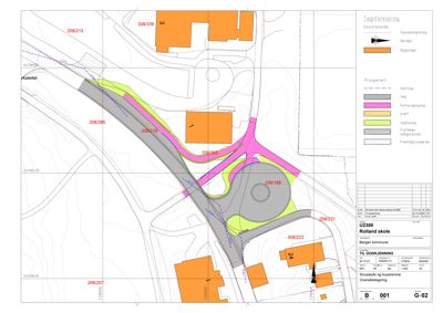 Situasjonsplan som viser eksisterende og prosjektert infrastruktur, inkludert veier, grøntområder og bygninger på tomt.