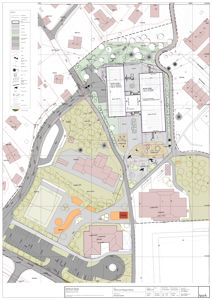 Situasjonsplan som viser bygningenes plassering i forhold til tomtegrenser, veier, parkeringsplasser og beplantning.
