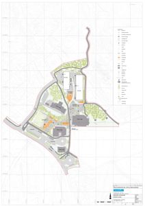 Situasjonsplan (detaljreguleringsplan) som viser tomtens grenser, eksisterende og planlagt bebyggelse, veier, parkeringsplasser og vegetasjon.