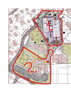 Situasjonsplan som viser to ulike arealer (merket 1 og 2) med bygningsplassering, parkeringsplasser, veier og vegetasjon.