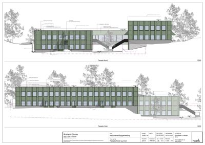 Fasadetegning som viser bygningens utseende sett fra nord og vest, inkludert detaljer om fasadematerialer og trapp.
