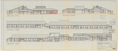Fasadetegning som viser bygningens utseende fra fire ulike sider (SØ, NØ, VEST, ØST).