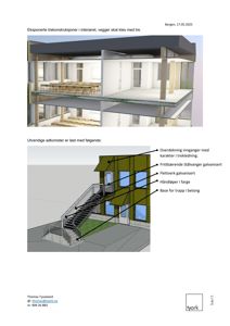 3D-visualiseringer av bygningens interiør (trekonstruksjoner) og fasade med detaljerte utvendige adkomster.