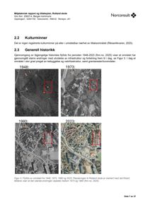 Bildet viser en historisk sammenligning av flyfoto over et område i perioden 1948, 1973, 1980 og 2023. Bildene illustrer utviklingen av infrastruktur og bebyggelse frem til dagens tilstand.