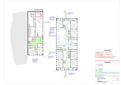 Etasjeplan (1. etasje) med romfordeling, utstyr og forutsetninger for ombygging.