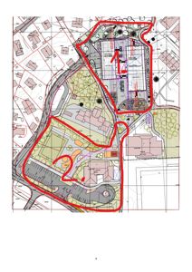 Situasjonsplan som viser tomtens grenser, bygninger, veier, parkeringsplasser og beplantning.