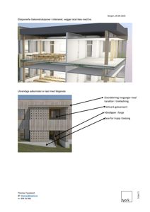 3D-visualisering av bygningens interiør (trekonstruksjoner) og fasade (utvendige adkomster) med annotasjoner.
