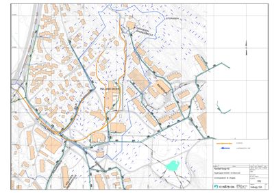 Situasjonsplan som viser tomtens beliggenhet i forhold til omgivelsene, inkludert eksisterende bygninger (skoler, barnehage), vegnett, vannløp og terrengforhold.
