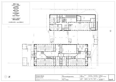 Etasjeplaner (Plan 1, Etasje) for en bygning (Rolland Skole) med romfordeling, dimensjoner og arealoppsummering.