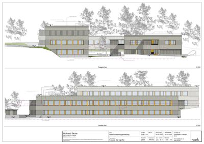 Fasadetegning som viser bygningens utseende sett fra sør og øst.