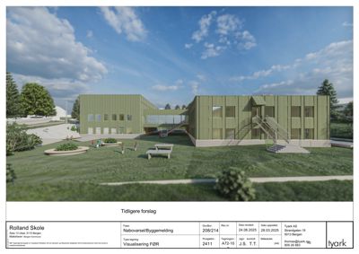3D-visualisering av et tidligere forslag til nybygging av Rolland Skole.