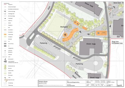 Illustrasjonsplan (rendering) som viser en planlagt utvidelse av skoleområdet med nye bygg, parkering og anlegg.