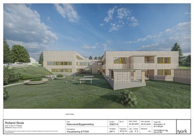 3D-visualisering (rendering) av et nytt skolebygg med omgivelser.