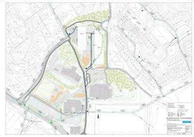 Situasjonsplan som viser tomtens plassering i forhold til nabolag, veier, høydemålerlinjer og planlagt beplantning.