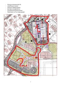Situasjonsplan som viser to byggefelt (merket 1 og 2) med omgivende infrastruktur, vegger, parkeringsplasser og vegetasjon.